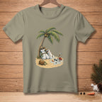 Two melting snowmen with sunglasses relax under a palm tree on a beach with a "RESERVED" coconut.