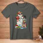 Snowman in sunglasses and Hawaiian shirt making a smoothie with a blender.