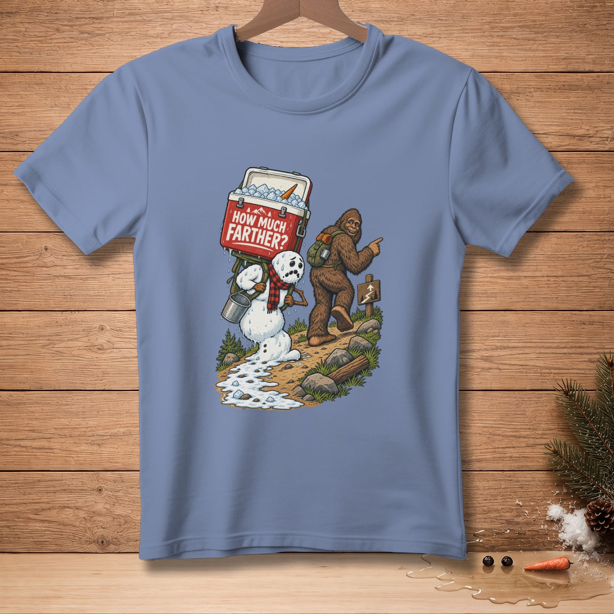 Bigfoot points at trail sign next to a melting snowman carrying a cooler with "How Much Farther?" text.