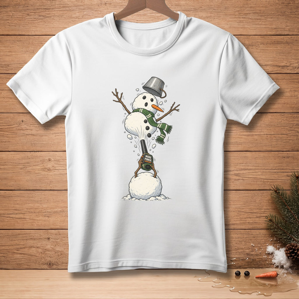 Snowman with bucket hat and scarf launching snow with cannon labeled "MORE POWER".