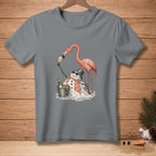 Flamingo toasts a snowman in sunglasses with wine and champagne bottle.