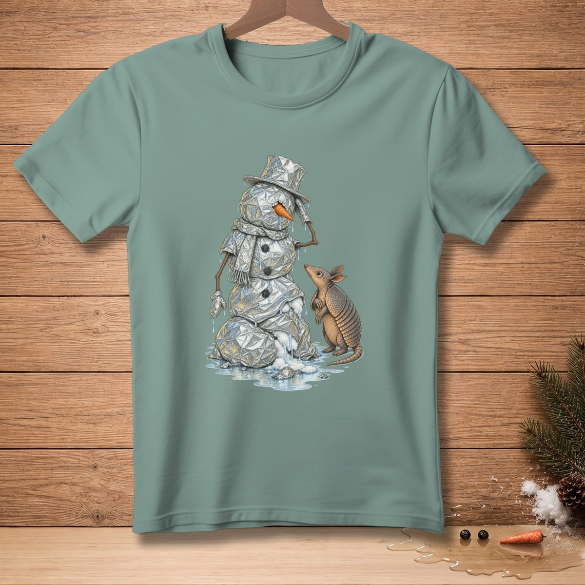 Snowman with an armadillo under melting ice on a teal t-shirt.