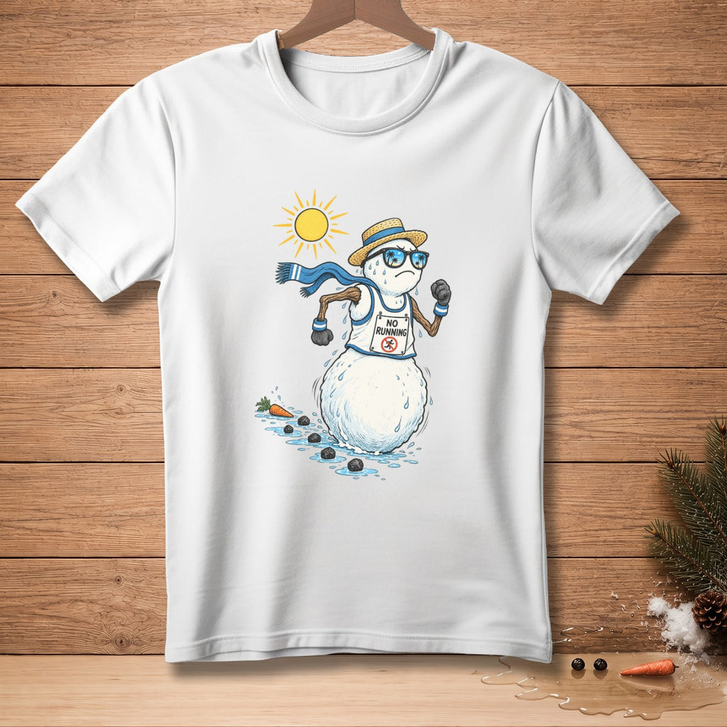 T-shirt with melting snowman running, wearing sunglasses and "No Running" sign.
