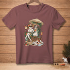 Two snowmen enjoy drinks under a beach umbrella, with "EFFORTLESS" printed below.