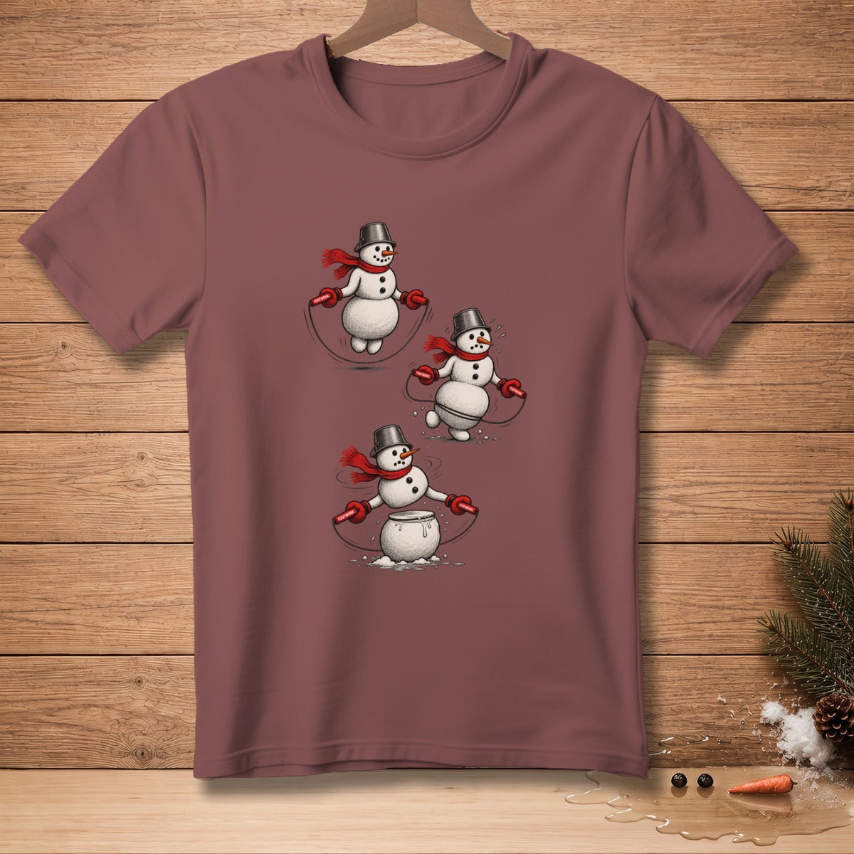 Three snowmen wearing scarves and hats jump rope on a mauve t-shirt.