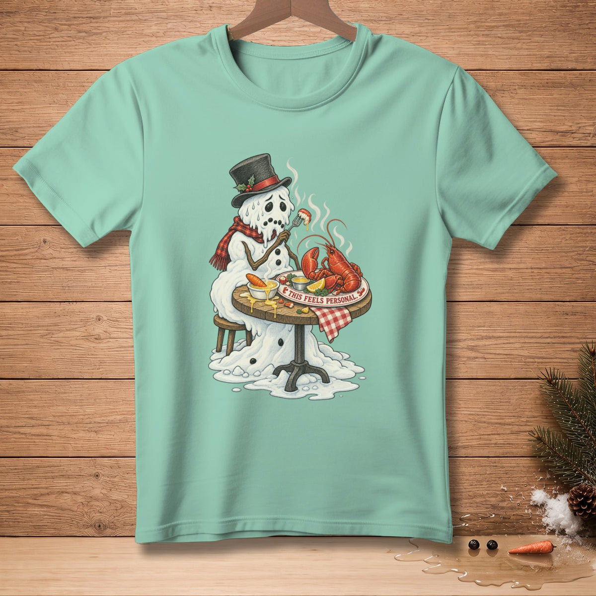 Melting snowman in top hat eats lobster and crab legs with text "This feels personal."