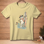 T-shirt with a melting snowman holding a surfboard and wearing sunglasses.