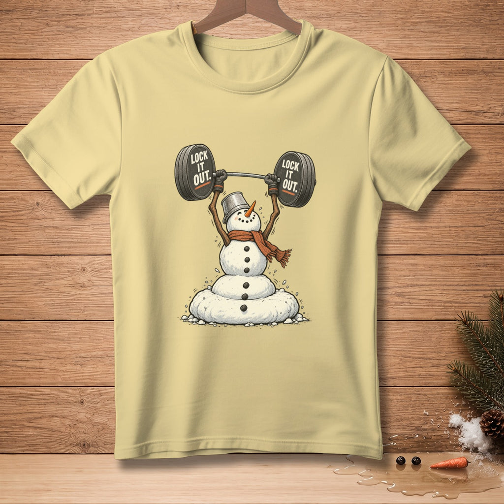 Light yellow t-shirt with a snowman lifting a barbell with "LOCK IT OUT" text.