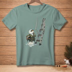Snowman in pilot gear holding helmet stands by a ladder.