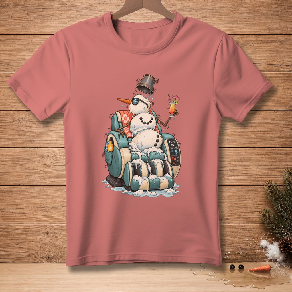 Snowman relaxing in a massage chair with a drink and sunglasses, text says "THIS IS NICE."