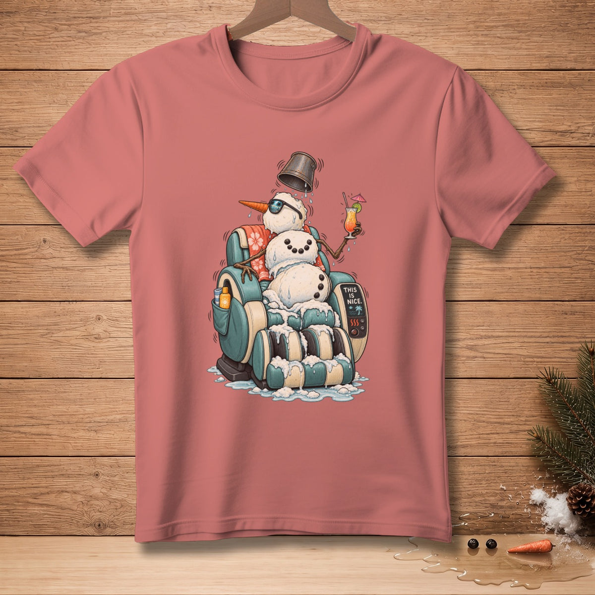 Snowman relaxing in a massage chair with a drink and sunglasses, text says "THIS IS NICE."