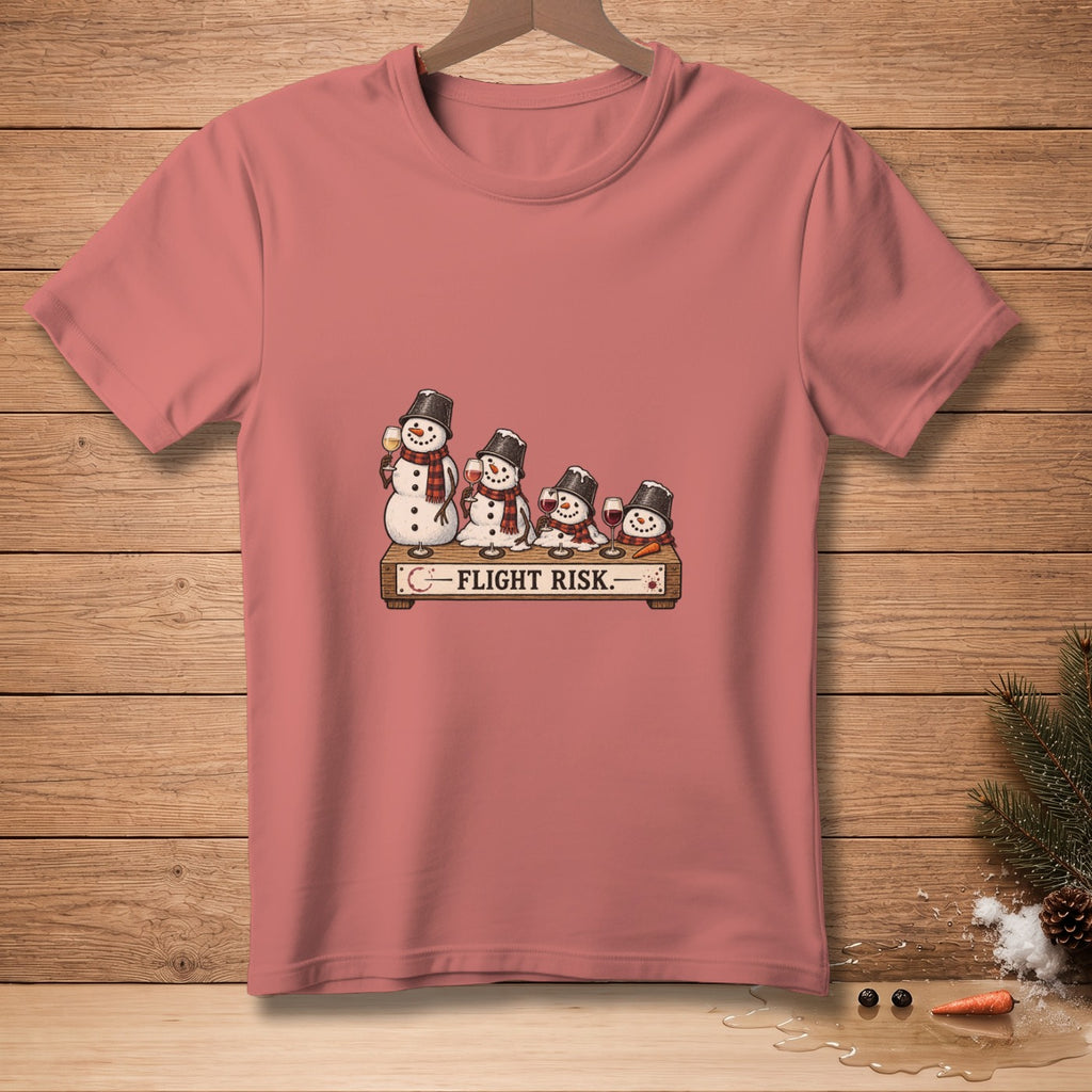 Shirt with snowmen drinking wine and text "FLIGHT RISK"