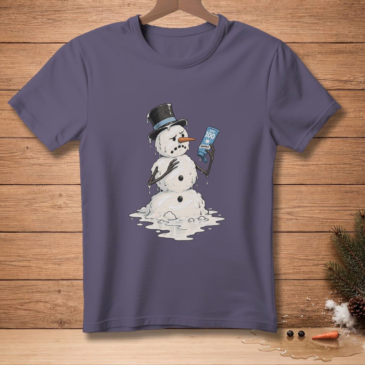 Melting snowman in top hat holding SPF 100 sunscreen on a purple t-shirt.