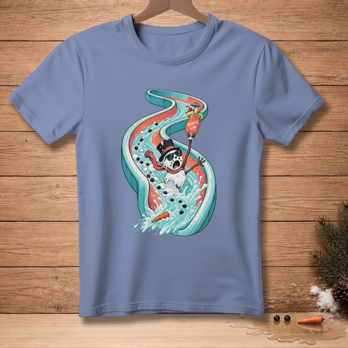 Snowman sliding down water slide with tropical drink in hand.