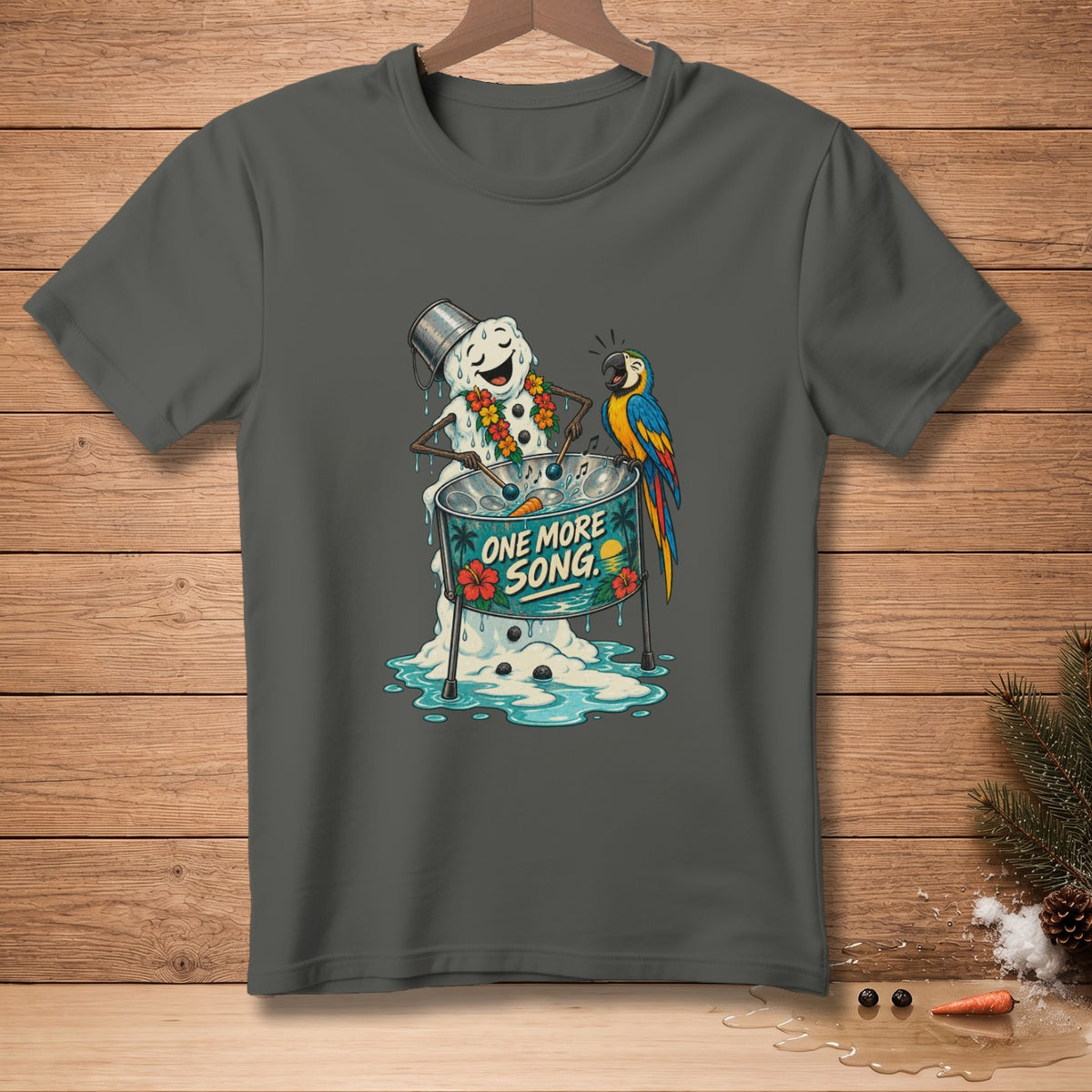 Melting snowman playing steel drum with parrot, "One More Song" text.