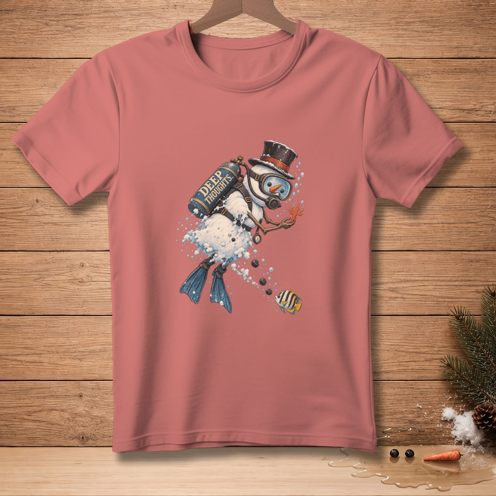 Pink t-shirt with a snowman scuba diver, "Deep Thoughts" tank, and a fish.