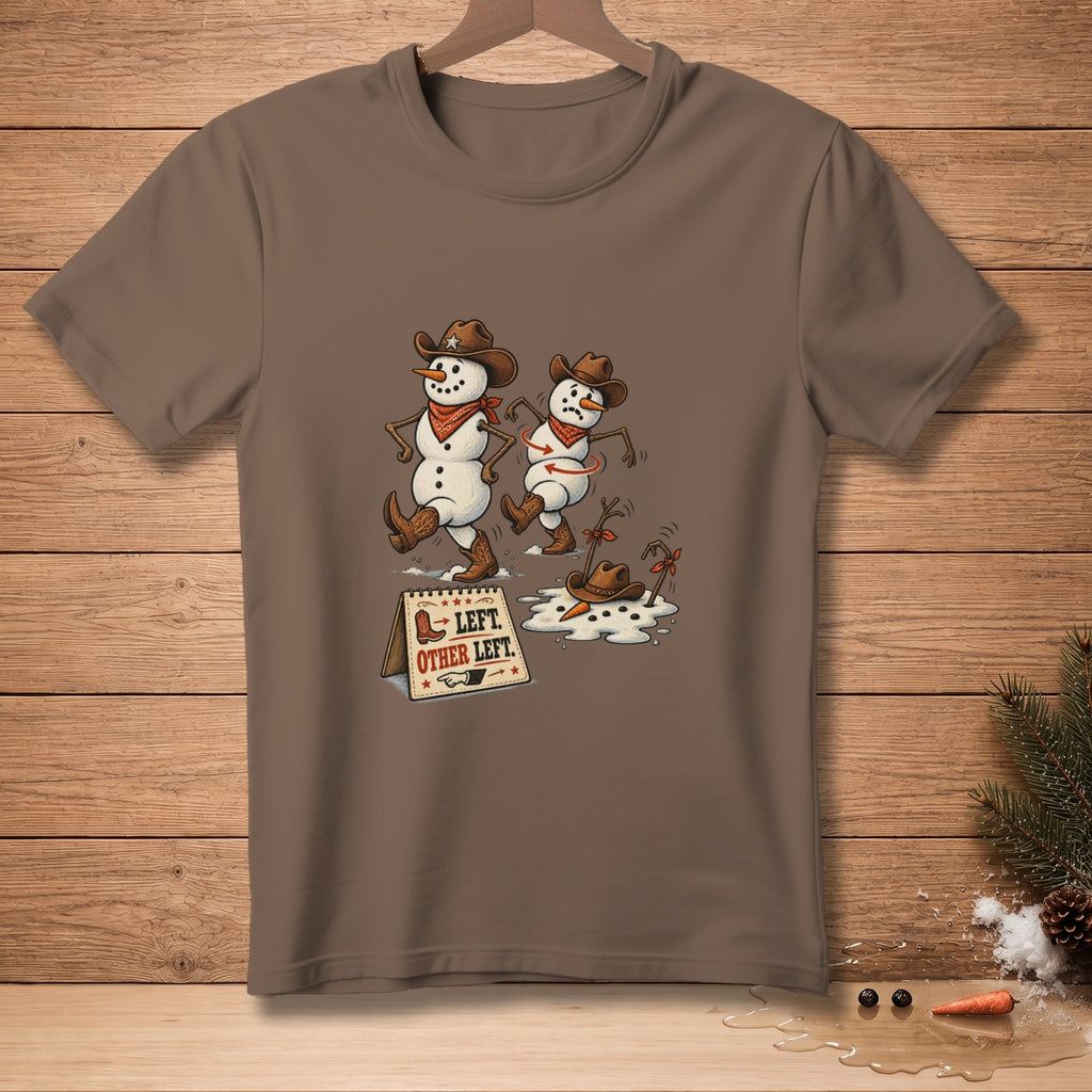 Two cowboy snowmen dancing with text "LEFT. OTHER LEFT."