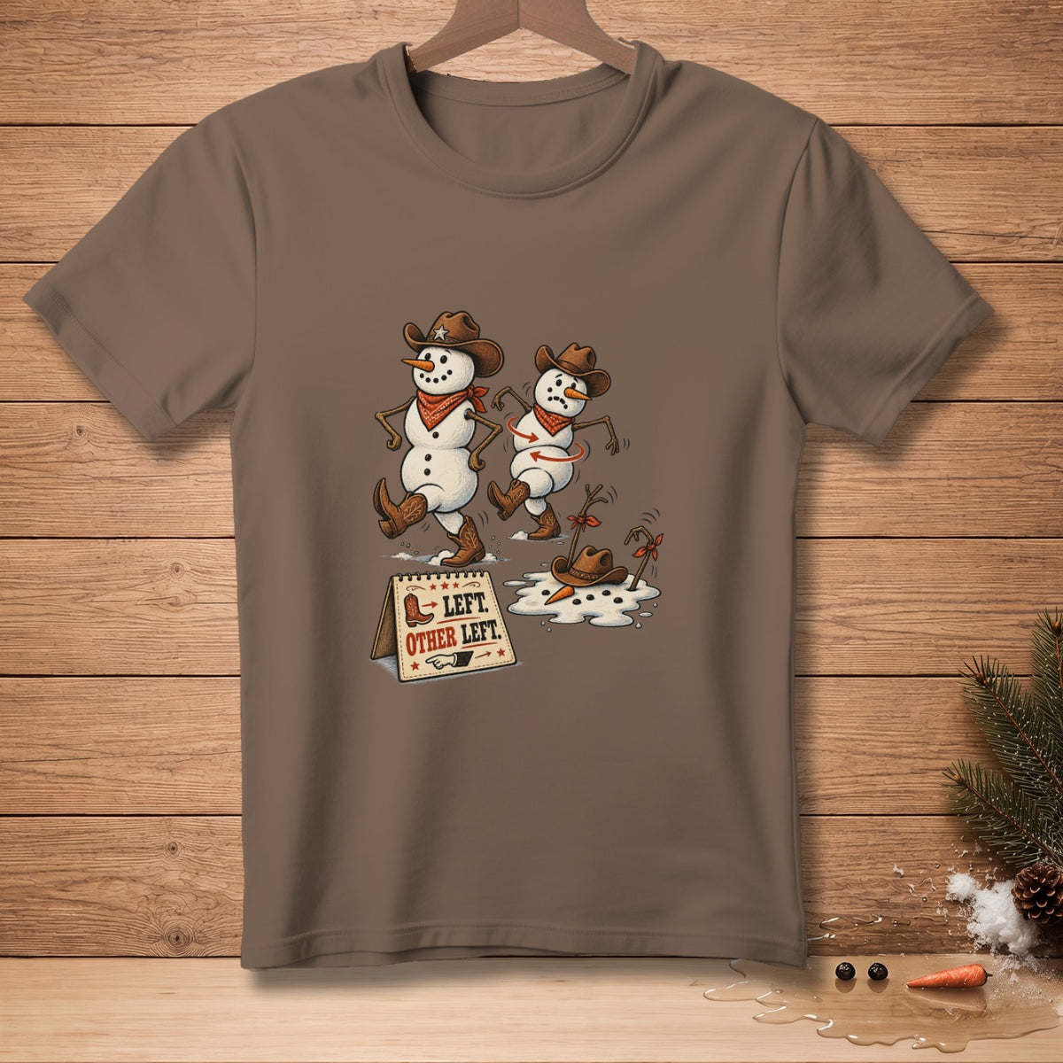 Two cowboy snowmen dancing with text "LEFT. OTHER LEFT."