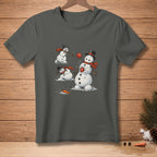 Cartoon snowmen playing with a snowball and carrots, one wearing a top hat.