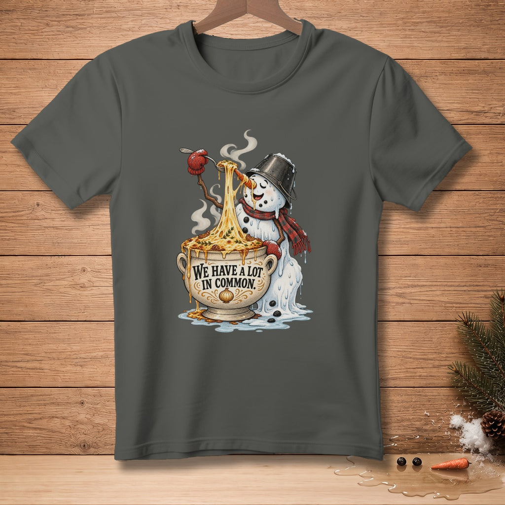 Snowman eating pasta from a bowl with text "WE HAVE A LOT IN COMMON."