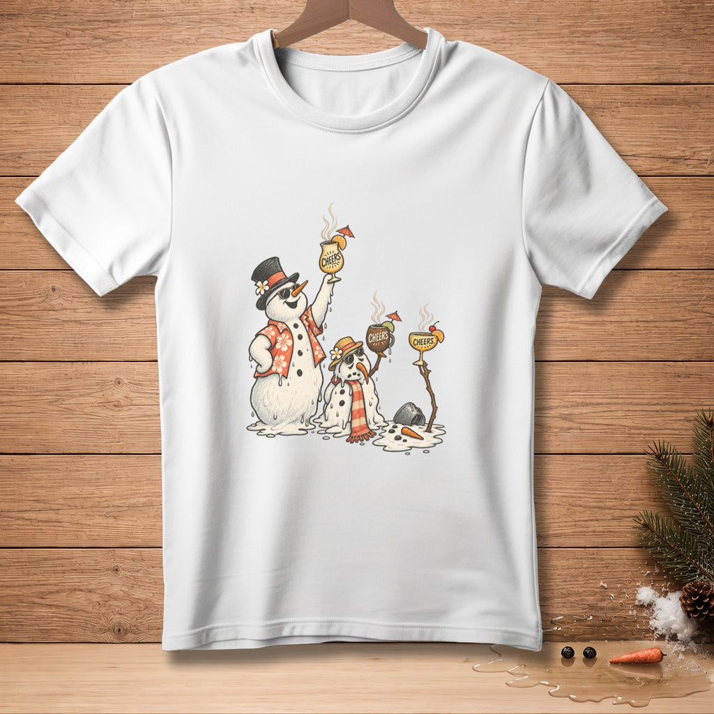 White t-shirt with melting snowmen wearing sunglasses and holding "Cheers" drinks.