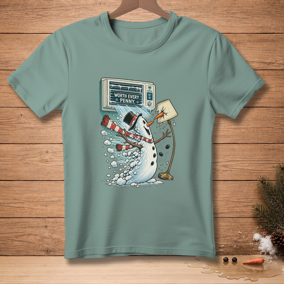 Snowman with scarf and hat struggles with AC unit saying "Worth Every Penny."