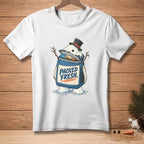 White t-shirt with snowman wearing a top hat holding a lunch bag labeled "PACKED FRESH."
