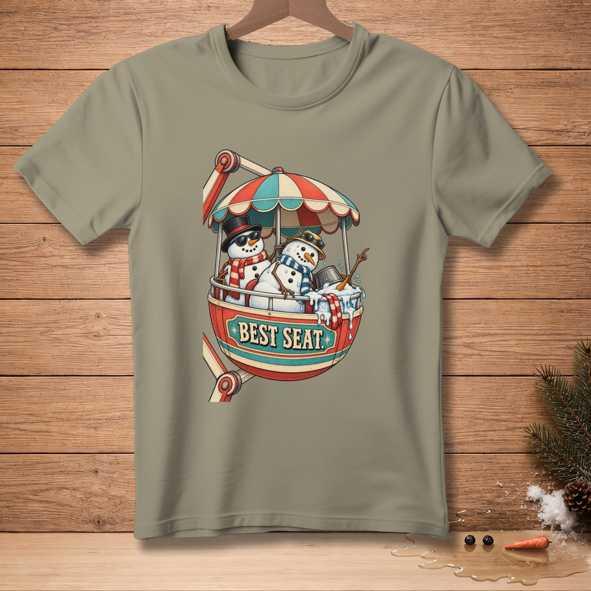 Two snowmen ride in a ferris wheel car with "BEST SEAT" text.