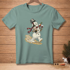 Melting snowman wearing scarf, holding wine, and two glasses of wine.
