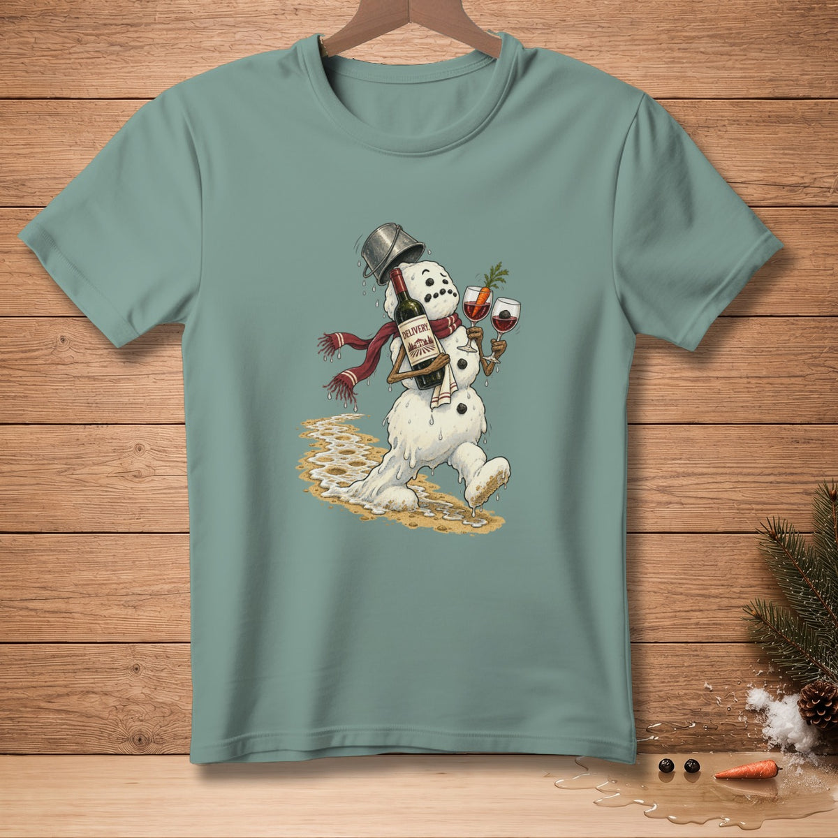 Melting snowman wearing scarf, holding wine, and two glasses of wine.