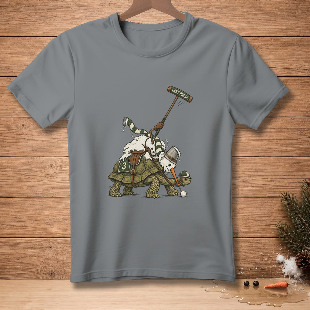 Turtle with snowman riding, playing polo with "Fast Break" mallet.