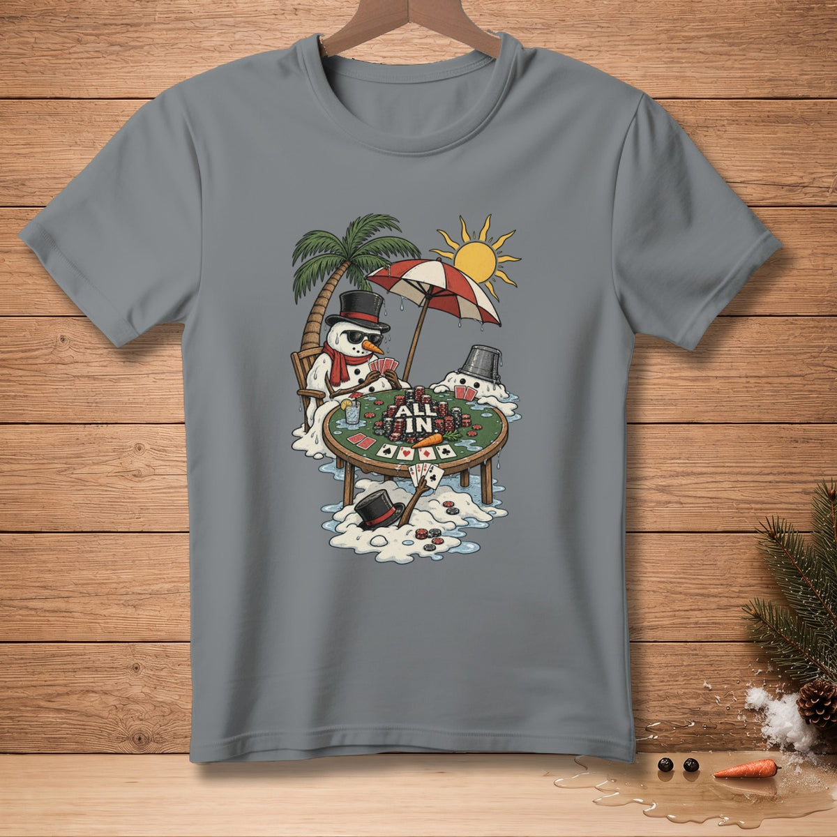 Snowman playing poker on a beach with palm trees and an umbrella, text "ALL IN".