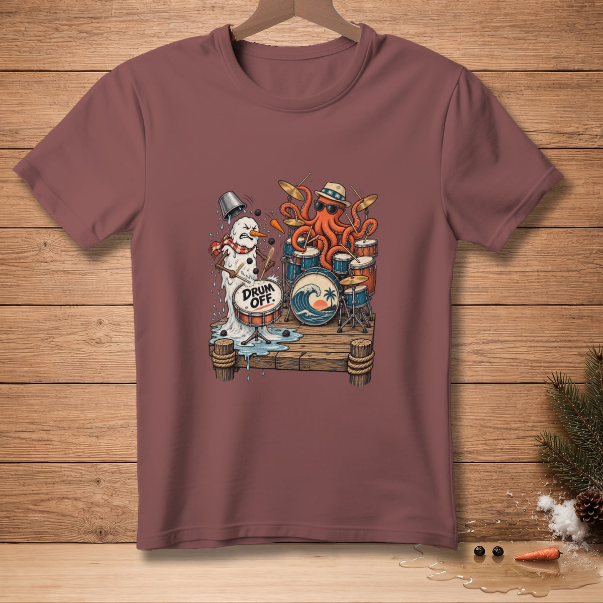Snowman and octopus play drums on a dock with "Drum Off." text on bass drum.