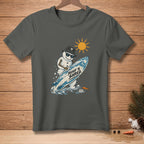 Snowman in bucket hat and sunglasses holds a surfboard with text "Ready to Shred".