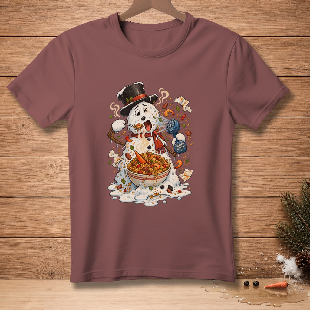 Melting snowman wearing a top hat and scarf eats paella from a bowl.