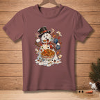 Melting snowman wearing a top hat and scarf eats paella from a bowl.