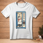White t-shirt with a drawing of a melting snowman in a photo booth.