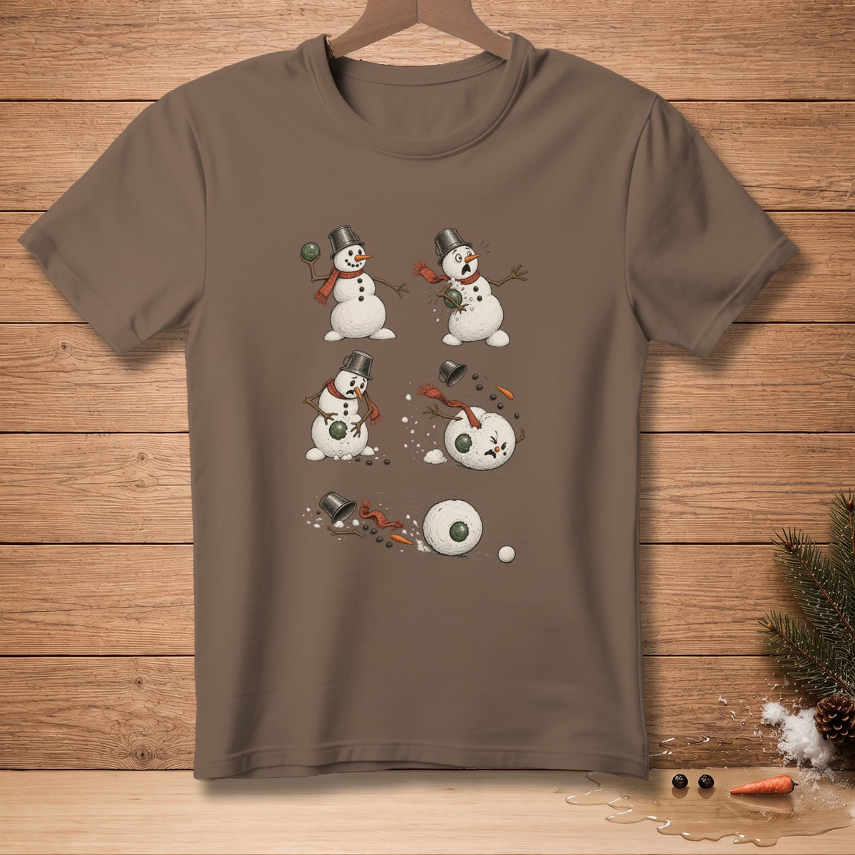 Four-panel illustration of snowmen with melting bodies and thrown snowballs.