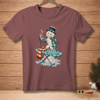 Snowman ironing a scarf on an ironing board with "Looking Sharp" text.