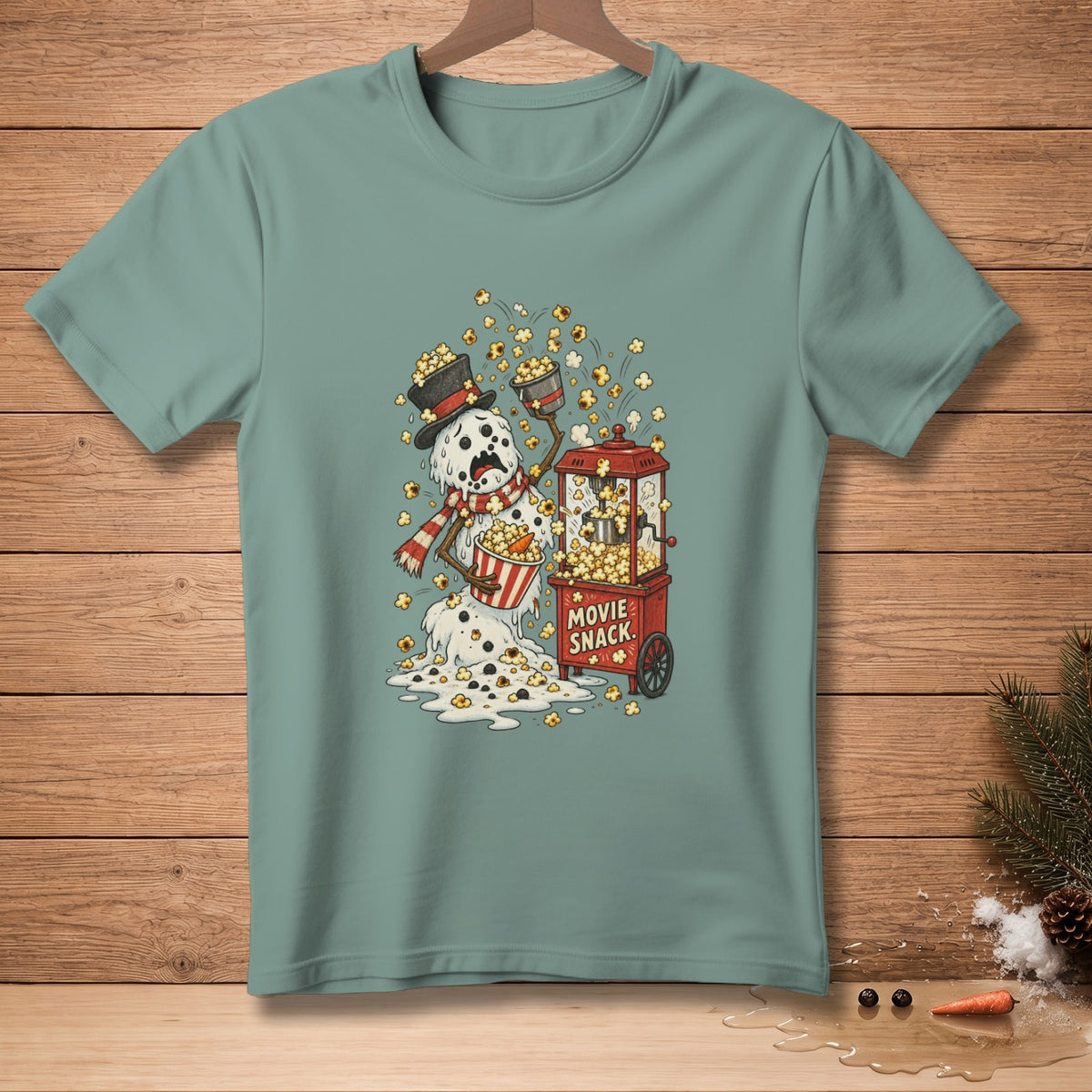 Snowman melting near a popcorn machine, holding a bucket of popcorn.
