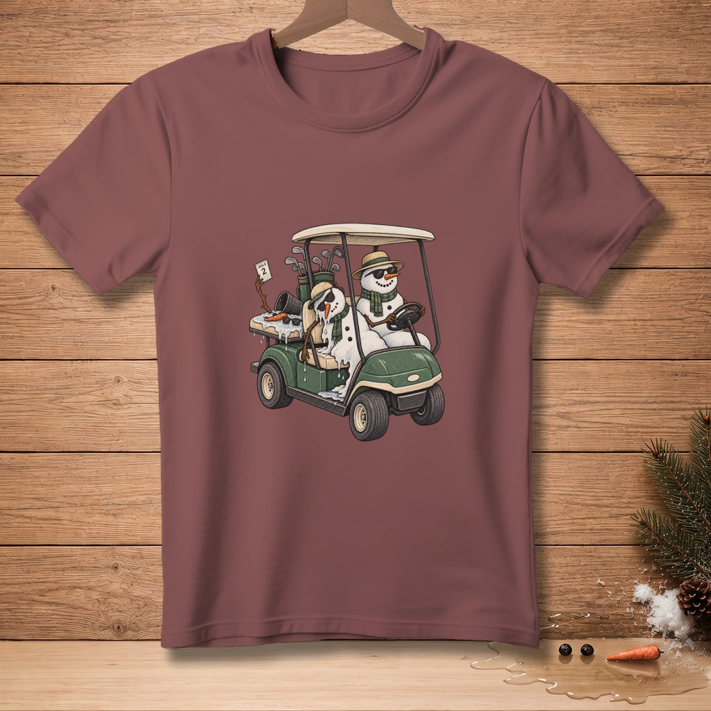 Two snowmen in sunglasses and scarves ride a golf cart with clubs and a "Hole 2" sign.
