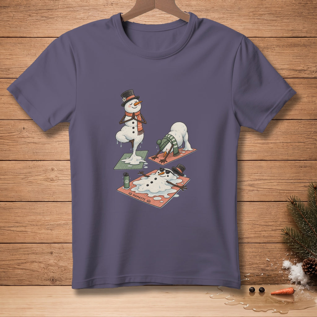 T-shirt with melting snowmen doing yoga, one with "Namaste" on mat.