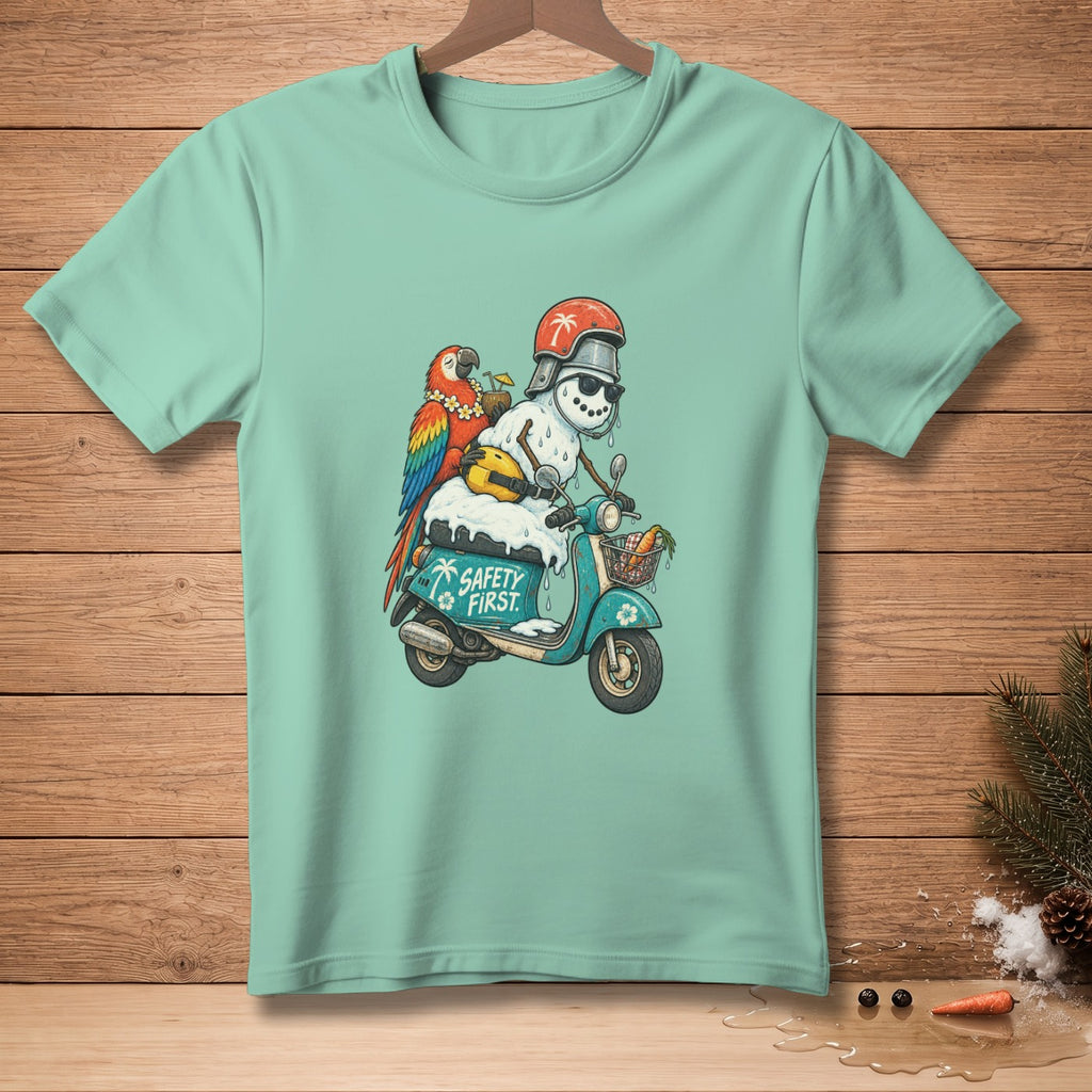 Snowman with parrot on scooter reads "Safety First" on turquoise t-shirt.