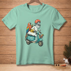Snowman with parrot on scooter reads "Safety First" on turquoise t-shirt.