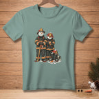 Two snowmen dressed as firefighters stand with an axe, winter holiday theme.