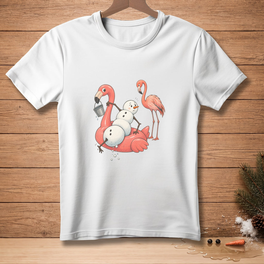 Cartoon snowman and flamingo on inflatable flamingo, on a white t-shirt.