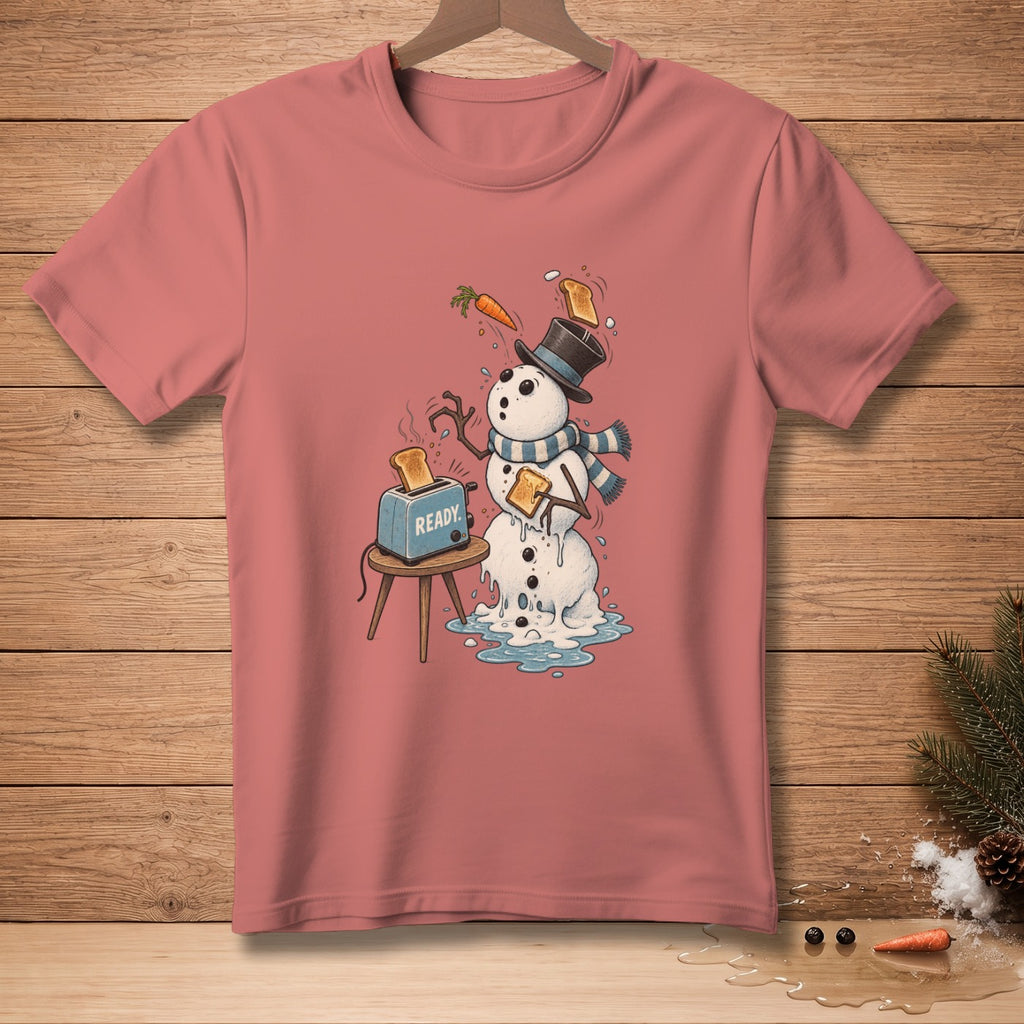Melting snowman with toast popping out of toaster, on a salmon colored t-shirt.