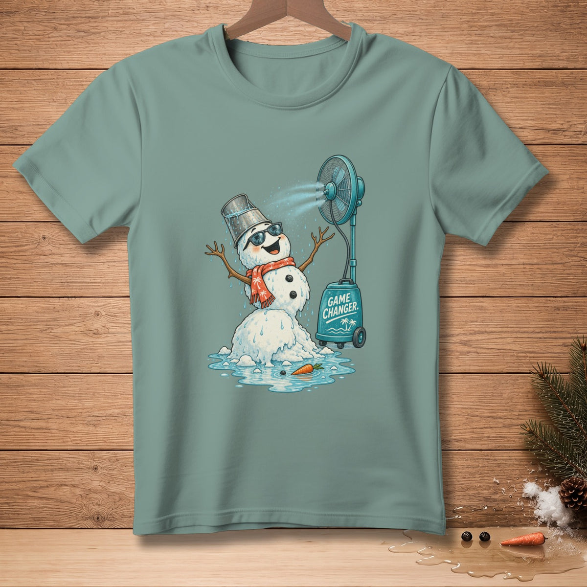 Melting snowman with fan and bucket hat, "Game Changer" text.