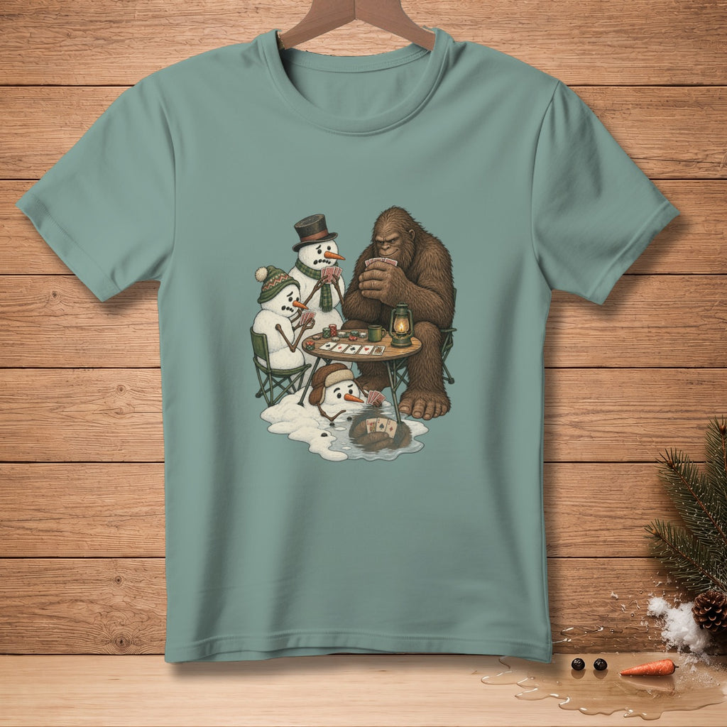 Bigfoot and snowmen play poker by lamplight on a table.