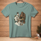 Bigfoot and snowmen play poker by lamplight on a table.